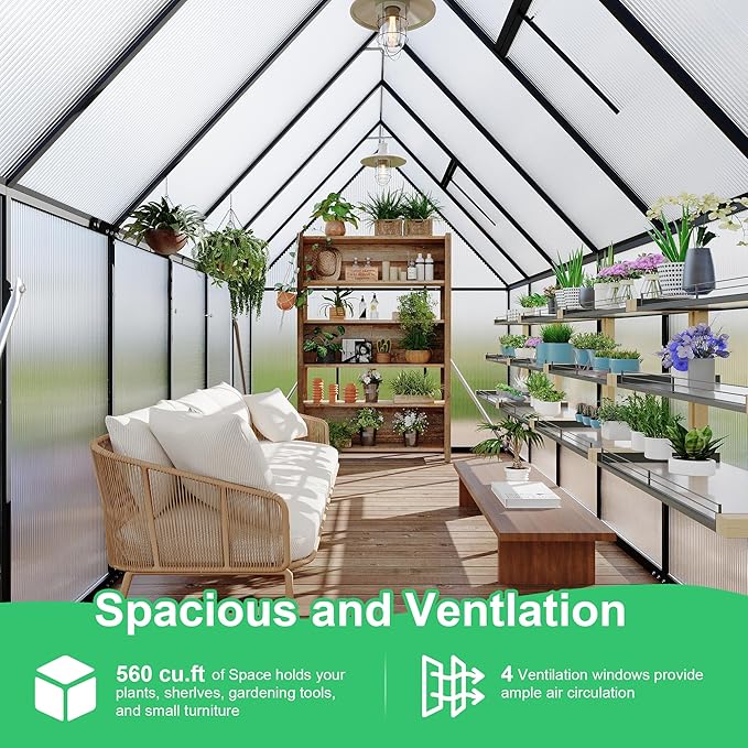6'x11' Aluminum-Framed Polycarbonate Greenhouse, Heavy Duty Polycarbonate Greenhouse with Quick Setup Structure and Roof Vent, Large Enhanced Aluminum GreenhouseKit for Outdoors