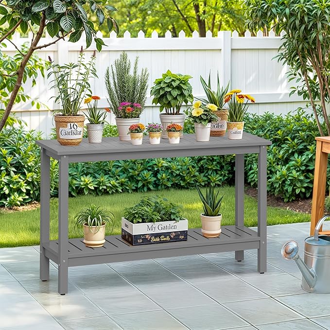 SUPER DEAL 48 inch Outdoor Console Table, 2-Tier Solid Wood Side Table Multifunctional Buffet Bar Storage Organizer with Adjustable Feet for All-Weather Indoor Outdoor Porch, Grey
