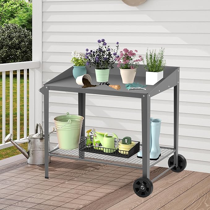 Outdoor Metal Potting Bench with Wheels, Heavy Duty Garden Workbench Table with Storage Shelf (Dark Gray, 36"x38.8")