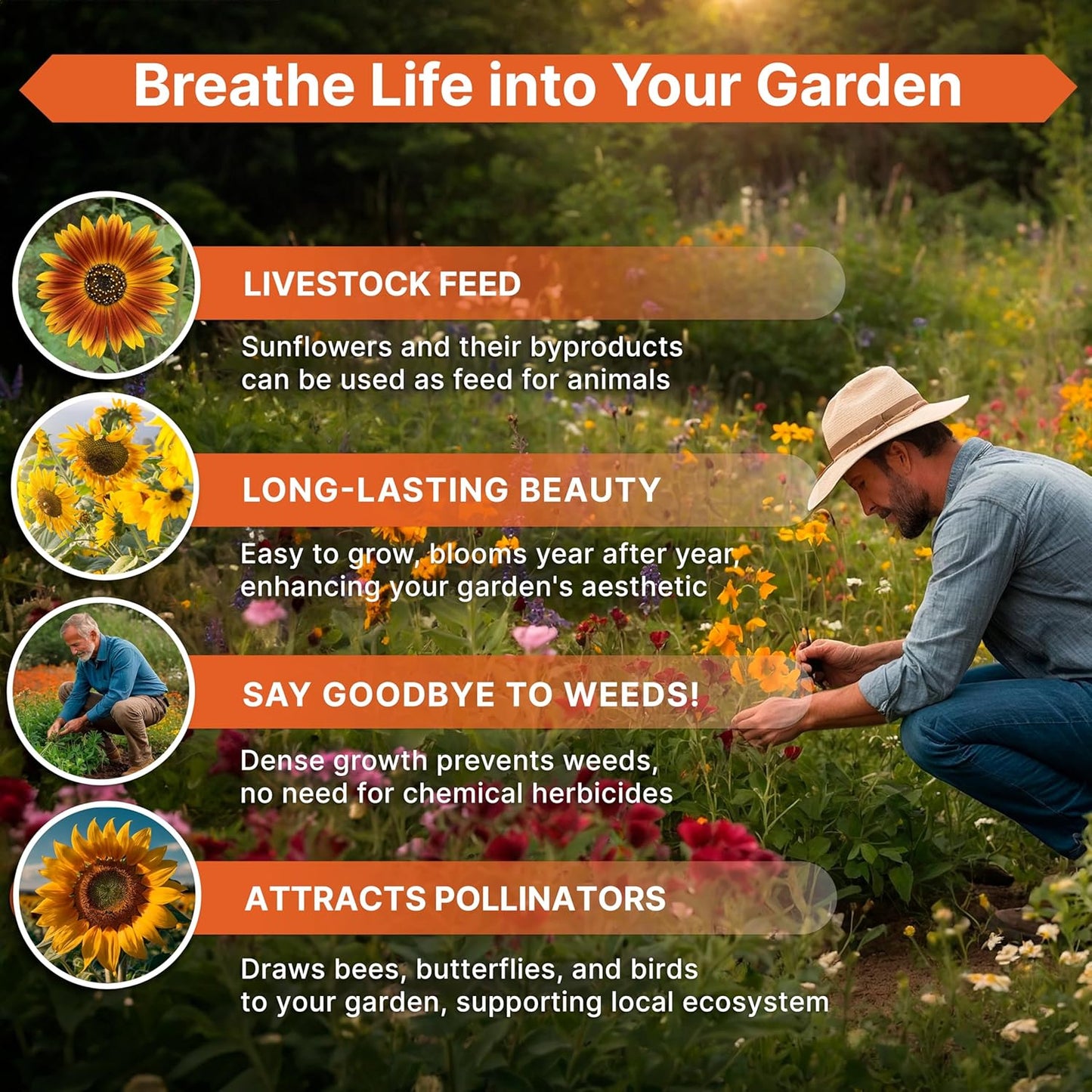 Sunflower Mix Seeds Pack 8 oz - Over 10,300 Non-GMO Heirloom Sunflower Seeds for Planting, Annual Flowers in Individual Seed Packet for Planting Home Garden Indoor & Outdoor Gardening