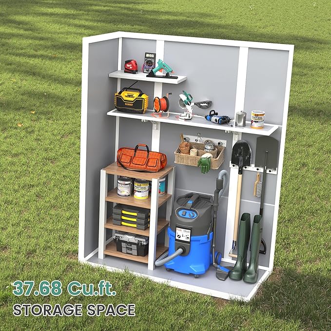 UDPATIO 4.3x5.6ft Resin Outdoor Storage Shed, Vertical Tool Shed with Shelving Brackets for Patio Pool Lawn Garden, Grey White