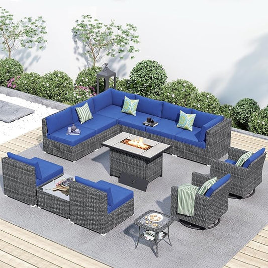 HOOOWOOO 13 Piece Patio Sectional Furniture Set with FirePit Table,Modern Wicker Outdoor Conversation Sofa Sets,All Weather Modular L Shaped Outside Couch Swivel Chair Set(Navy Blue)