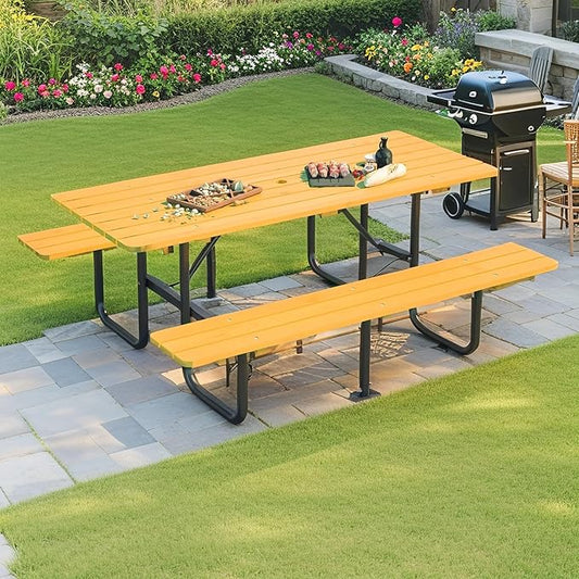 Outdoor Picnic Table with Benches, 6 - Person Picnic Table, Wooden Patio Dining Set, 1.97'' Umbrella Hole, Waterproof and Rounded Corners Design for Backyard, Garden, Park, Restaurant, Picnic, Yellow