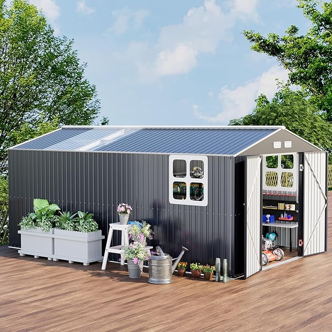 Metal Shed 10x16 FT Big with Heavy-Duty Reinforced Steel Frame and Customizable Skylight, Lockable Doors, 4-Pane Windows, Large Outdoor Storage for Garden, Tools, and Utility