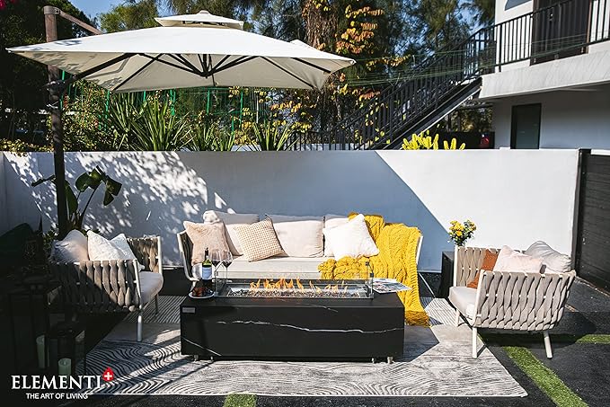 Elementi+ | Varna Gas Fire Pit | Marble Porcelain & Metal Frame | 60" Rectangular Fire Table | Electronic Ignition | Canvas Cover, Fire Glass & Burner Lid Included | Black | Natural Gas