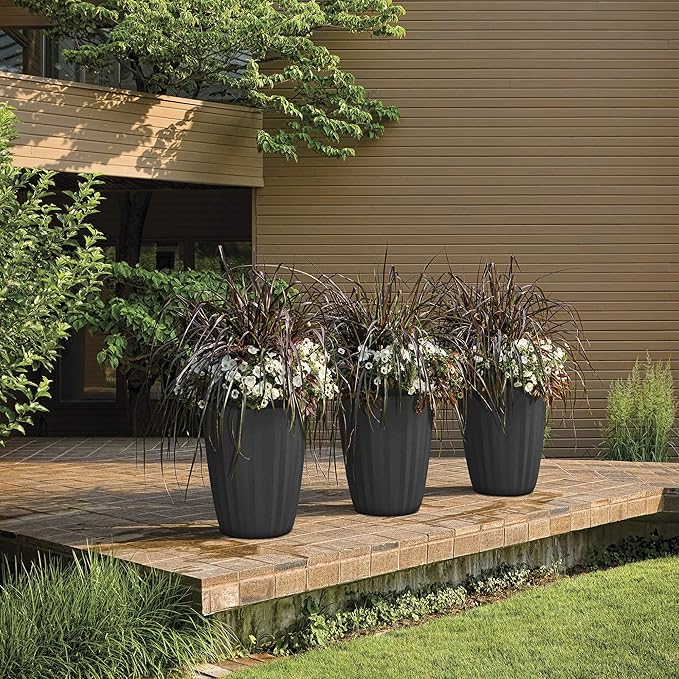 Crescent Garden Pleat Planter, Large Outdoor Pot, 23-Inch Tall (Caviar Black)