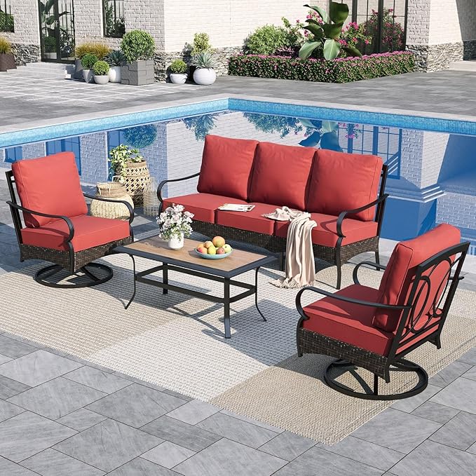 Sophia & William Patio Furniture Set, 4 Piece Metal Outdoor Conversation Set with 3-Seater Outdoor Couch, 2 Swivel Chairs, 1 Coffee Table for Outdoor Seating, Backyard, Porch(Red)