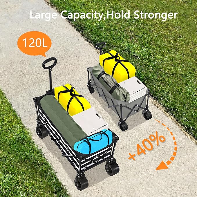 Wagons Carts Foldable with All-Terrain Big Wheels 400 LBS, Heavy Duty Collapsible Utility Wagon Cart, Folding Grocery Cart for Beach, Camping, Sports, Shopping, Garden and Fishing-Black Stripe