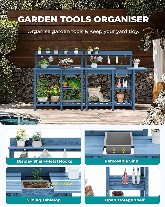 SERWALL Potting Table Outdoor Potting Bench with Sink, HDPE Potting Benches for Outside All Weather Use- Blue