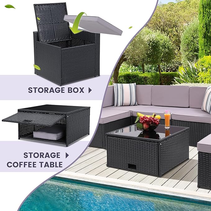 8 Pieces Outdoor Wicker Rattan Patio Furniture Sectional Set, Glass Top Table with Hidden Storage, 7 Sofa Sections, Oversized Cushions, Black Color Rattan with Light Grey Cushion