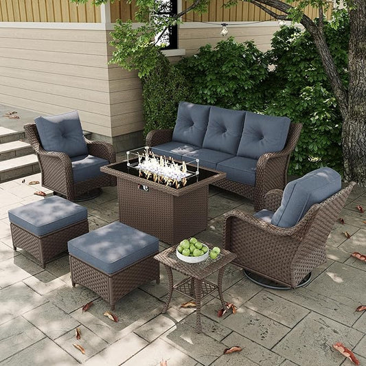 7 Pieces Outdoor Patio Furniture Sets with Rocking Swivel Chairs with 6-inch Thick Cushion and Fire Pit Table for Deck Lawn