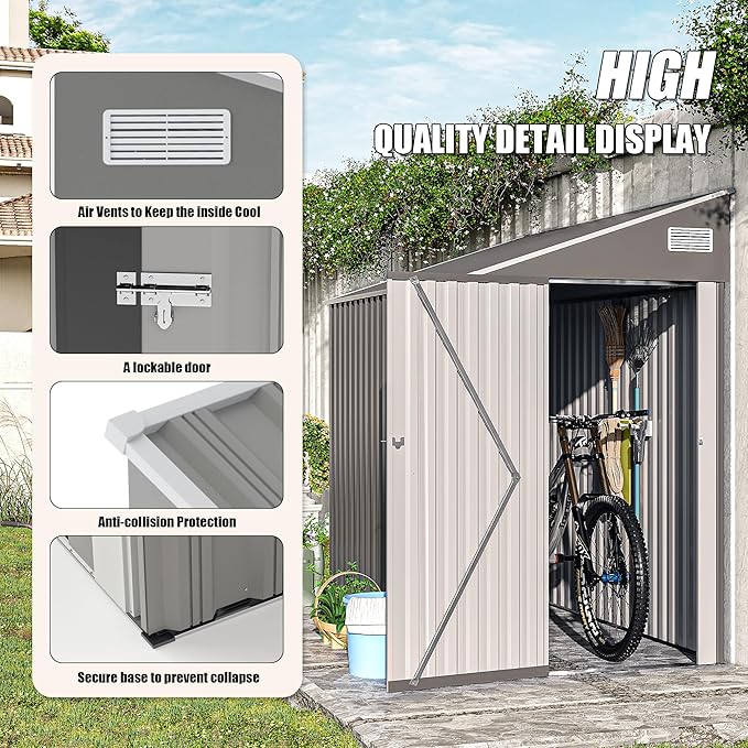 4×8 FT Outdoor Metal Storage Shed,Heavy-Duty Lean to Storage Shed with Lockable Single Side Hinge Door,Waterproof Metal Storage Tool House W/Sloping Roof,Air Vent&Protect Film,for Backyard,Gray