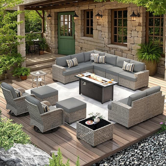 HOOOWOOO Outdoor Sectional Patio Furniture Set with Fire Pit Table,15 Pieces Wicker Conversation Sets L Shaped Couch,Extra Deep Out Door Outside Sofa Furniture with Swivel Chair Ottoman,Charcoal Gray