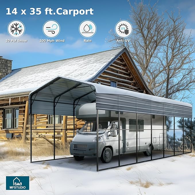 MFSTUDIO RV Carport 14x35 ft, Outdoor Heavy Duty Carports, Height 13 ft for Large RVs Metal Shed Canopy Shelters Garage Shelter Shade Car Ports with Galvanized Roof for 2 Cars, Truck and Boats ﻿