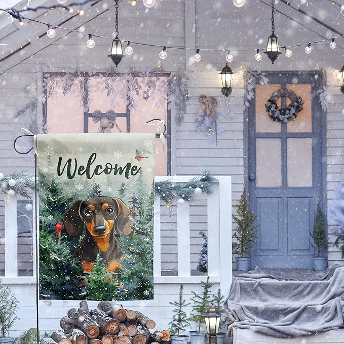 Welcome Winter Garden Flags Dachshund Garden Flag Cardinal Birds on Snowy Pine Tree Flag Dog Yard Flags for Outside 12x18 Double Sided Christmas Decorative Lawn Flags