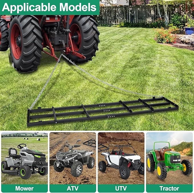 8 FT Drag Harrow Driveway Grader, Heavy Duty Power Rake w/ 6 FT Chain, Tow Behind Lawn Rake for ATV, UTV, Tractor, Mower, Land Leveler for Gravel, Sand, Soil, Hay
