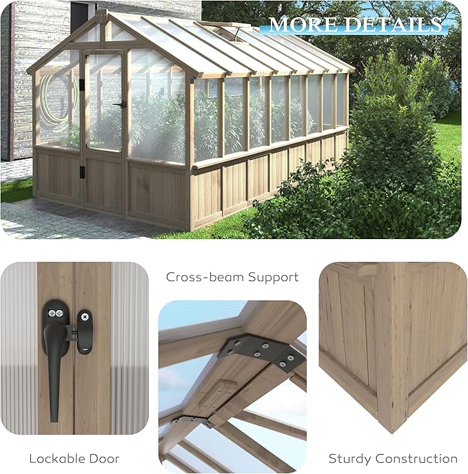 VEIKOU 8' x16' Wooden Greenhouses for Outdoors, Green House with 6MM Thick Polycarbonate Panel, Walk-in Greenhouse with Cedar Frame & Adjustable Vents for Garden, Backyard, Light Brown Mocha