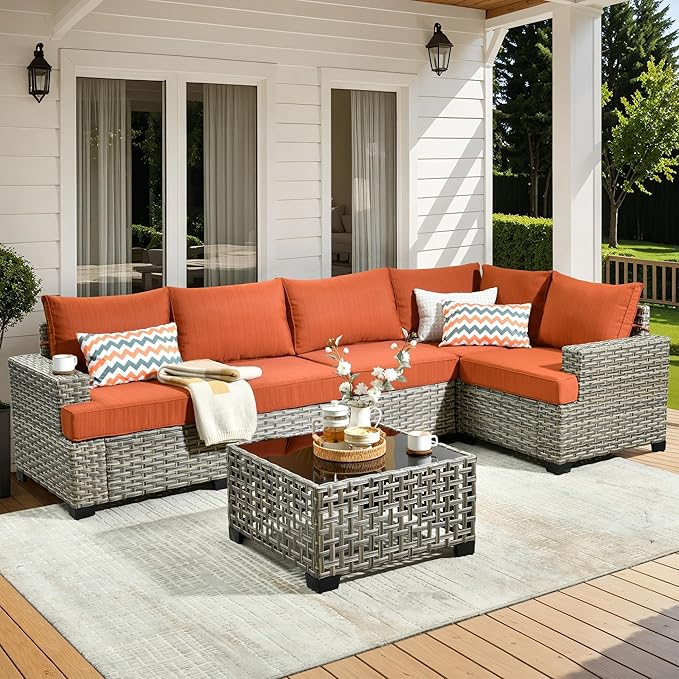 HOOOWOOO Outdoor Sectional Patio Furniture Set,6 Pieces Wicker Conversation Sets L Shaped Couch,Extra Deep Out Door Sofa Outside Furniture,Brick Red