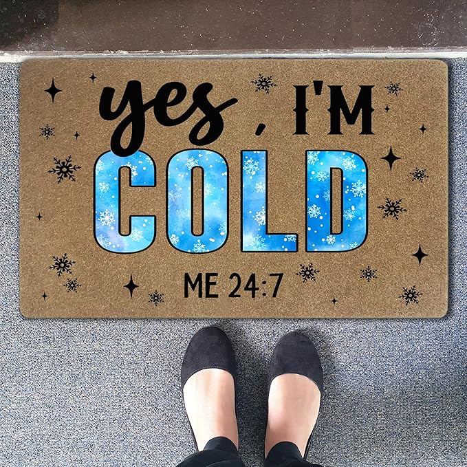 Funny Winter Faux Coir Door Mats Outdoor, Yes I'm Cold Me 24:7 Christmas Door Mat for Home Outside Entryway, Winter Christmas Welcome Doormat for Indoor Outdoor Porch Entrance, 17x30 Inch