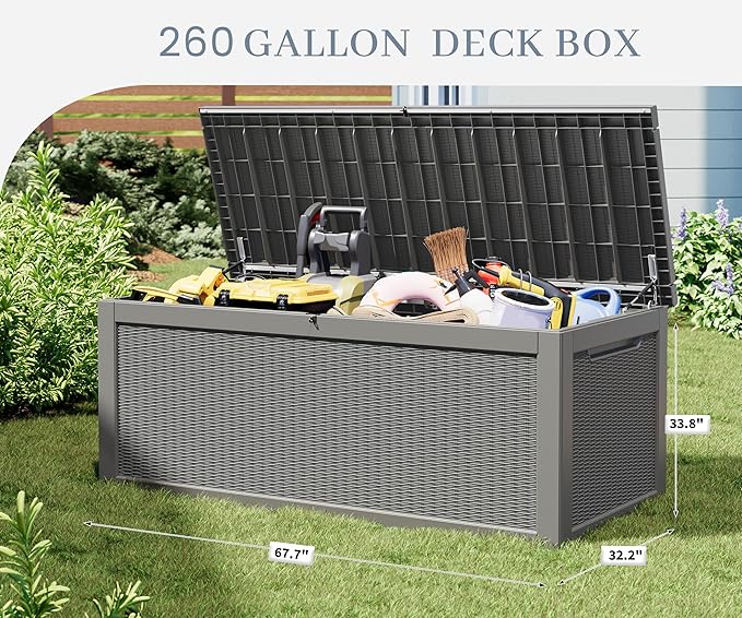 NUNU LAB 260 Gallon Outdoor Storage Box,Resin Large Sturdy Deck Box, Backyard Outside Storage Box Waterproof with Double Wall Panels,Package Delivery Garden Outdoor Hose