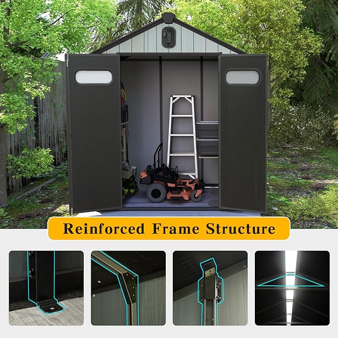Domi 6x4FT Resin Outdoor Storage Shed with Lockable Door, Waterproof Outside Sheds with Windows & Vents, Heavy-Duty Plastic Tool Storage Shed for Patio Furniture, Lawn Mower, Bike