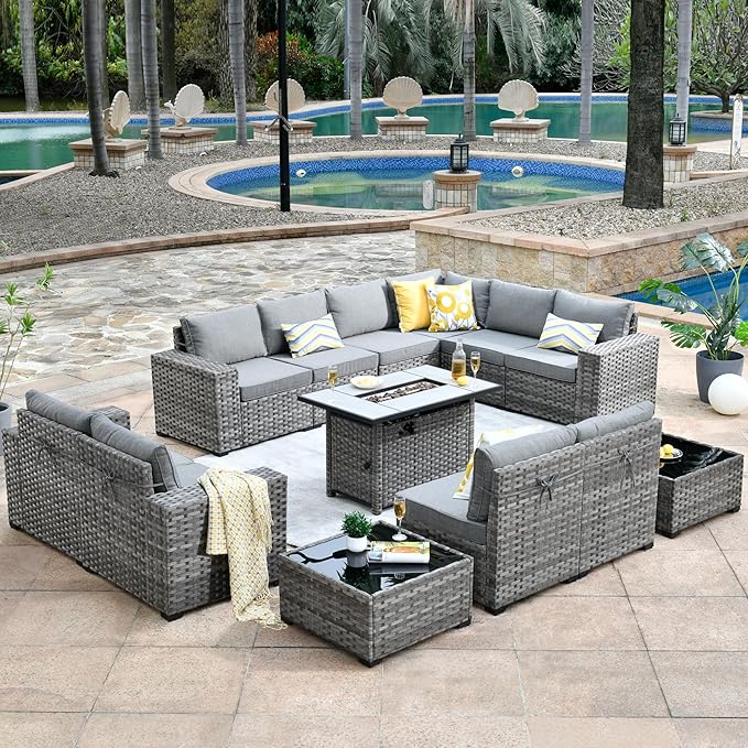 HOOOWOOO 13 Piece Modular Patio Outdoor Sectional Furniture Set with Gas Propane Fire Pit Table,Wicker Conversation Sofa Set,Out Door Couch Set with Wide Arm Outside(Dark Grey)