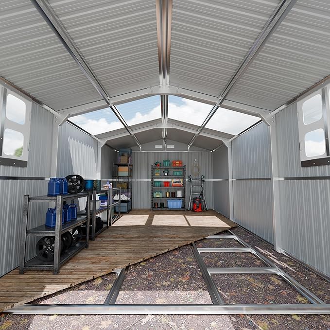 Restland 10x16 FT Outdoor Storage Shed with Floor Base Frame Reinforced Metal Shed with Clear Roof, Air Vent & Lockable Door Large Garden Tool Storage Sheds for Backyard, Garden, Lawn