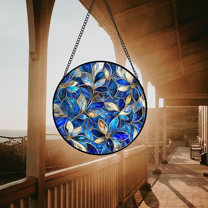 Stained Glass Window Hanging - Blue Gold Abstract Flowers Suncatcher for Door Terrace Garden Home Decor, Plant Sun Catcher Birthday Gifts for Lovers Women Men Dad Mom Nana 7.8 in