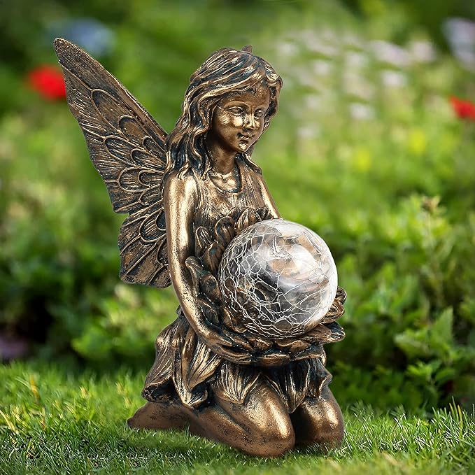 Garden Statues Outdoor Flower Fairy Decor,Solar Powered Outdoor Resin Statues-Patio Lawn Yard Porch, Funny Fairies Ornaments Figurines for Outside Garden Gifts,8.31 Inches Tall