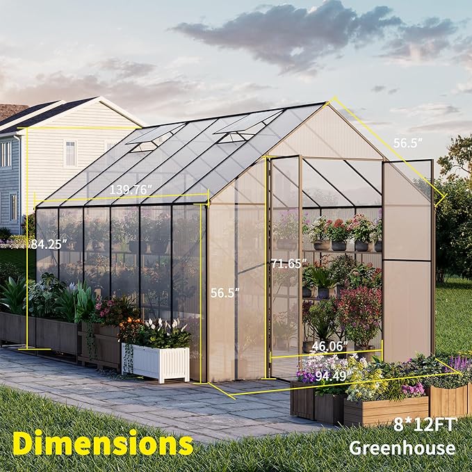 Kingdura 8x12ft Walk-in Greenhouse for Outdoors, Large Polycarbonate Greenhouses with Heavy Duty Aluminum Frame, Adjustable Roof Vent, Lockable Door, UV Protection for Outside Garden Backyard