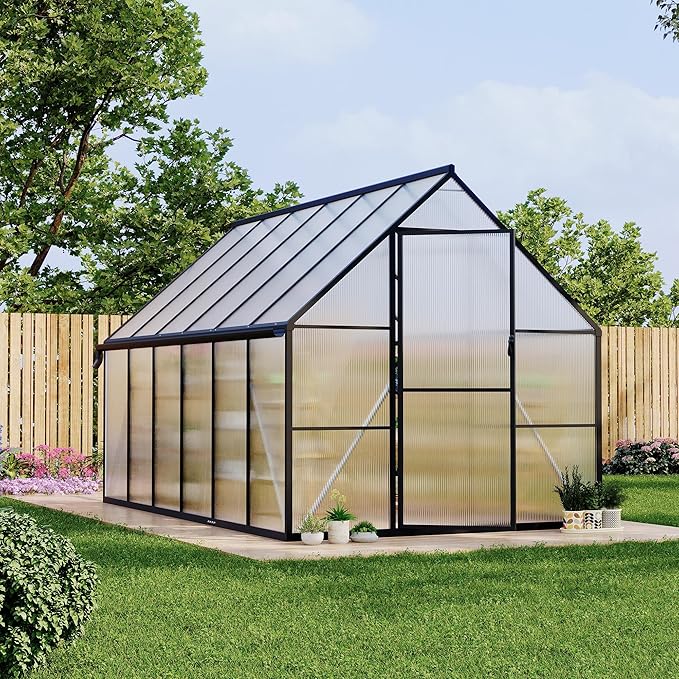Aluminum Polycarbonate Greenhouse for Outdoors, Large Walk-InGreenhouse with Quick Setup Structure and Roof Vent, Greenhouse with Ventilation and Rain Gutter