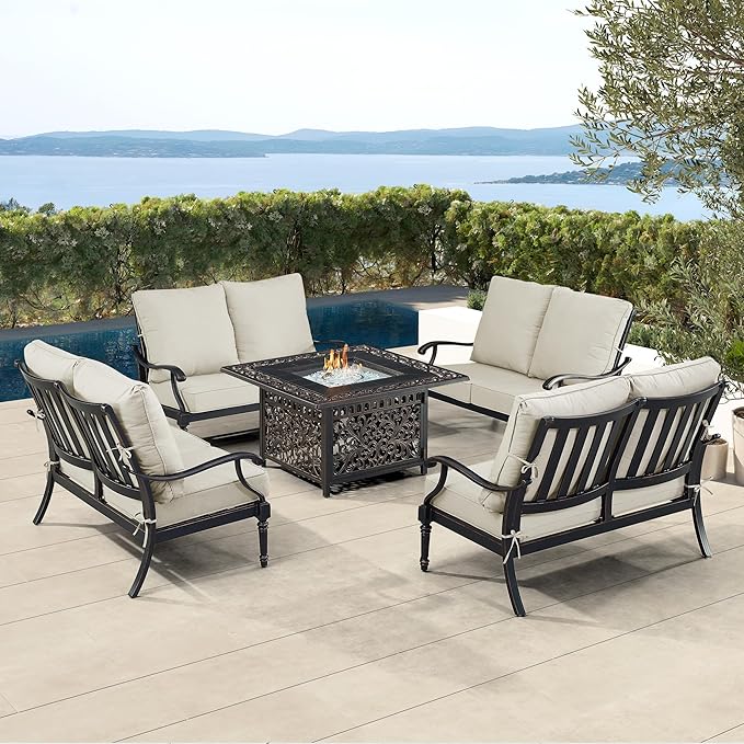 Oakland Living Black Aluminum Patio Fire Table Set with Four Deep Seating Loveseat with Cushions with Light Grey Cushions