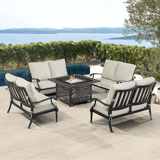 Oakland Living Black Aluminum Patio Fire Table Set with Four Deep Seating Loveseat with Cushions with Light Grey Cushions