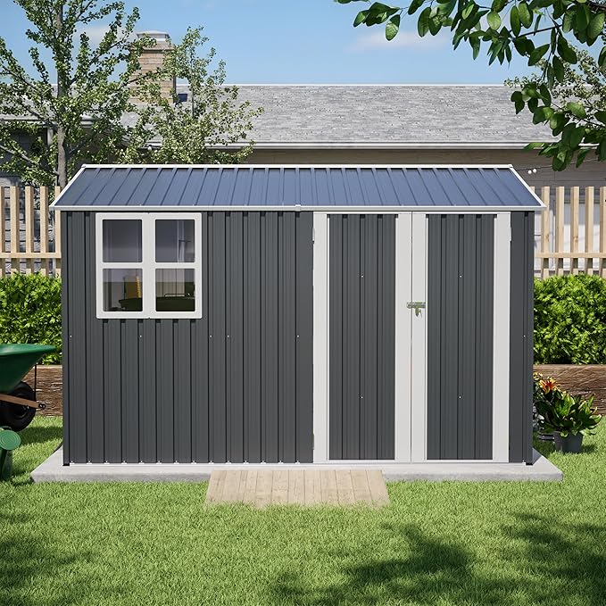 10X8 FT Outdoor Storage Shed,Metal Shed W/Window,Floor Frame & Lockable Swing Door,Garden Tool House W/ 4 Air Vents & Sloped Roof,for Backyard Patio Lawn,Gray