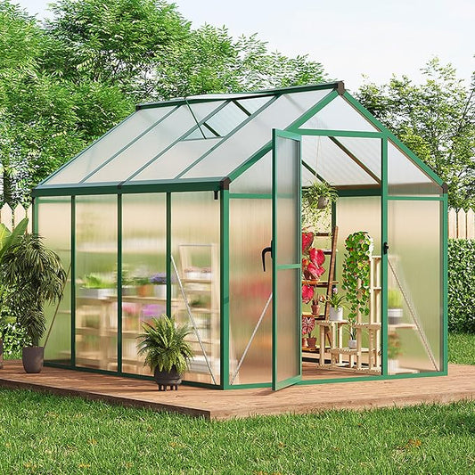 6x8 FT Greenhouse for Outdoors, Polycarbonate Greenhouse with Roof Vent, Ground Nails, Lockable Push Door, Aluminum Large Walk-in Green House for Outside Garden Backyard, Patio, Lawn, Green