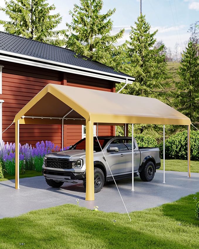 10x20ft Metal Carport Garage with PE Fabric and Galvanized Steel Frame Leg Wrap Carport for Outdoor Shelter for Cars, Trucks and Boats - Yellow