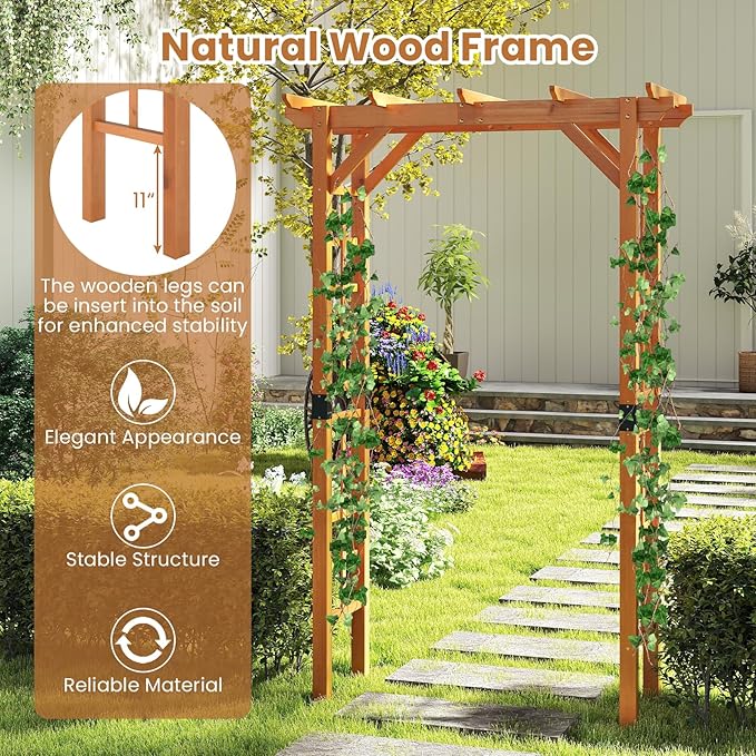 Giantex 7FT Wood Garden Arbor Trellis, Wooden Wedding Arch for Ceremony Party, Outdoor Archway Pergola for Climbing Plants, Pathway, Yard, Garden Decor, Easy Assembly (Honey Brown, 55''W x 85''H)