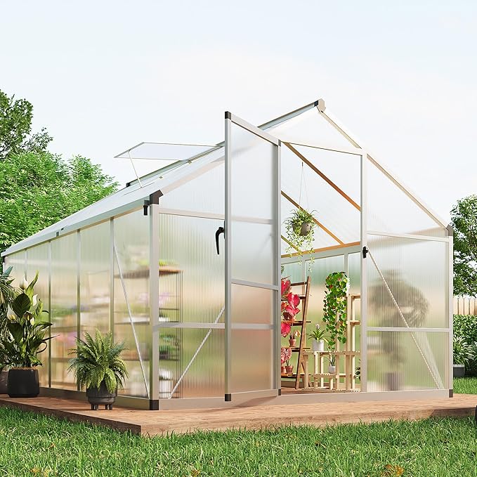 8×10 FT Greenhouse, Large Walk in Greenhouses for Outdoors and Garden Planting, Polycarbonate Greenhouse with Enhanced Aluminum Frame, Green Houses with Quick Setup Structure and Roof Vent, Silver