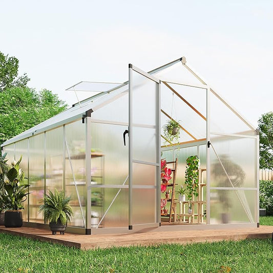 8×10 FT Greenhouse, Large Walk in Greenhouses for Outdoors and Garden Planting, Polycarbonate Greenhouse with Enhanced Aluminum Frame, Green Houses with Quick Setup Structure and Roof Vent, Silver