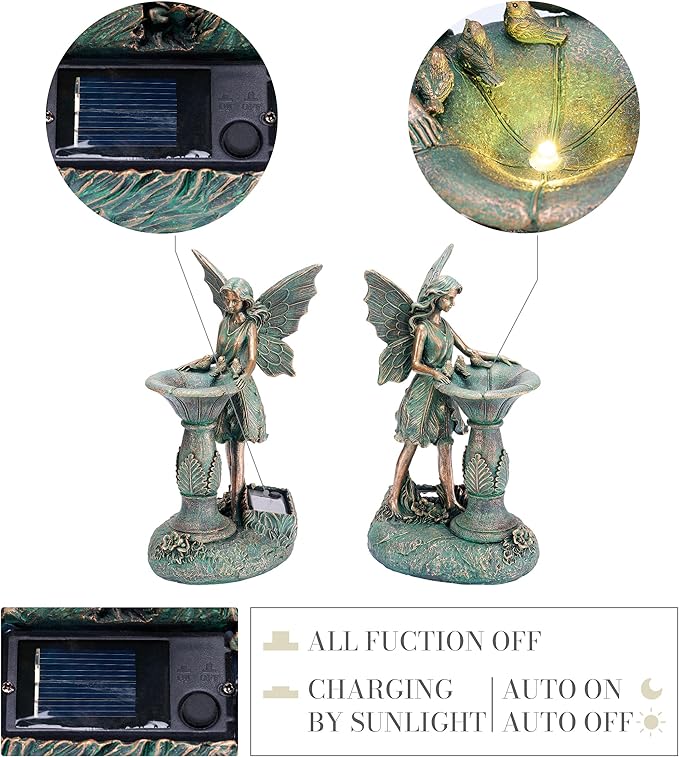 TERESA'S COLLECTIONS Fairy Garden Statues with Solar Outdoor Light for Outdoor Decor, Bronze Fairy Resin Garden Sculptures & Statues Decor, Yard Art for Lawn Housewarming Gifts for Mom 9.4"