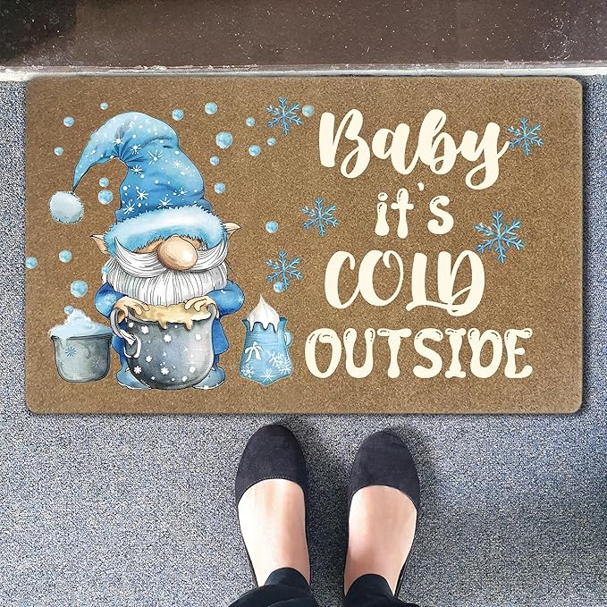 Winter Christmas Gnome Faux Coir Door Mats Outdoor, Blue Gnome Snowflake Christmas Door Mat for Home Outside Entryway, Winter Welcome Doormat for Indoor Outdoor Porch Entrance, 17x30 Inch