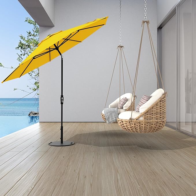Midtown Umbrellas The Swilt 8 Feet Patio Umbrella in Terylast Sunflower (Yellow) Polyester Fabric - Fiberglass Ribs, Auto-Tilt Aluminum Frame For Backyard, Deck, Garden, Pool - White Pole