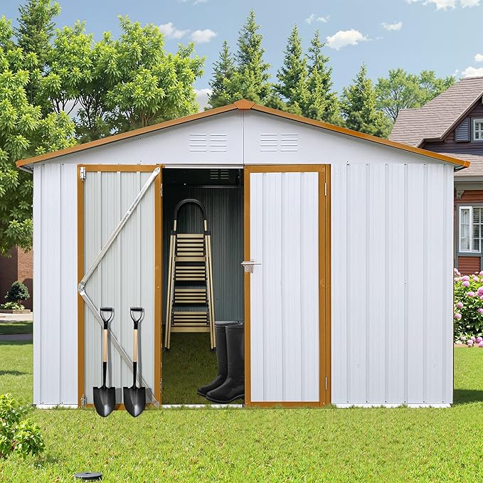 Sheds & Outdoor Storage 12 ft × 10 ft Storage Shed Large Classic Apex Roof Metal Garden Storage Sheds with Hinged Door Tool Cabinet for Backyard, Patio, Poolside, White + Yellow