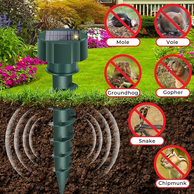 Mole Repellent Solar Powered – Ultrasonic Animal Deterrent Stakes for Gopher, Snake, Vole, Groundhog – Waterproof Sonic Spikes for Yard, Lawns, Garden & Outdoor (4 Pack)