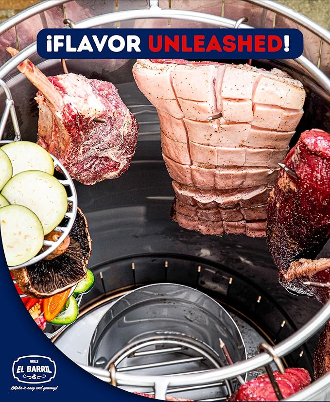 EL BARRIL 60lbs Grill & Smoker Barrel, Stainless Steel Charcoal Smoker Grill – Portable Outdoor Smokers with Even Heat Distribution & Grilling Accessories