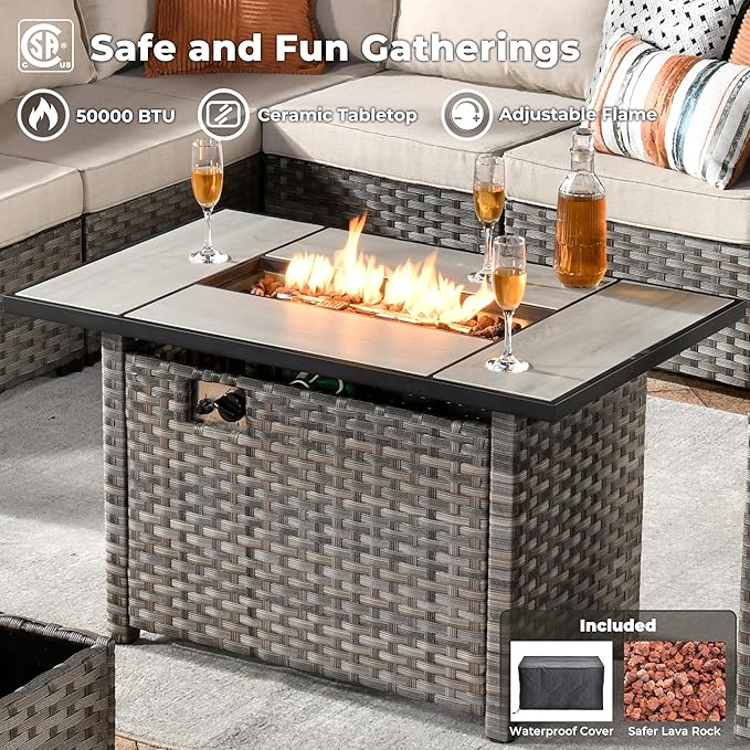 ovios 13 Pieces Patio Furniture Set, Outdoor Wicker Sectional Sofa with 42 Inch Fire Pit Table Comfy Cushions, Modern Modular Deep Seat Rattan Couch Conversation Set, Beige