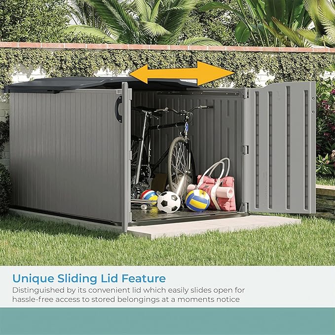 Suncast Glidetop Horizontal Outdoor Storage Shed with Pad-Lockable Sliding Lid and Doors, All-Weather Shed for Yard Storage, 57.5" W x 79.75" D x 52" H, Made in The USA