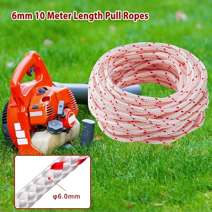 Recoil Starter Rope 6.0mm 10 Meters Gas Engine Pull Starter Replacement Recoil Pull Cord for Lawnmower Chainsaw Generator Red Dot