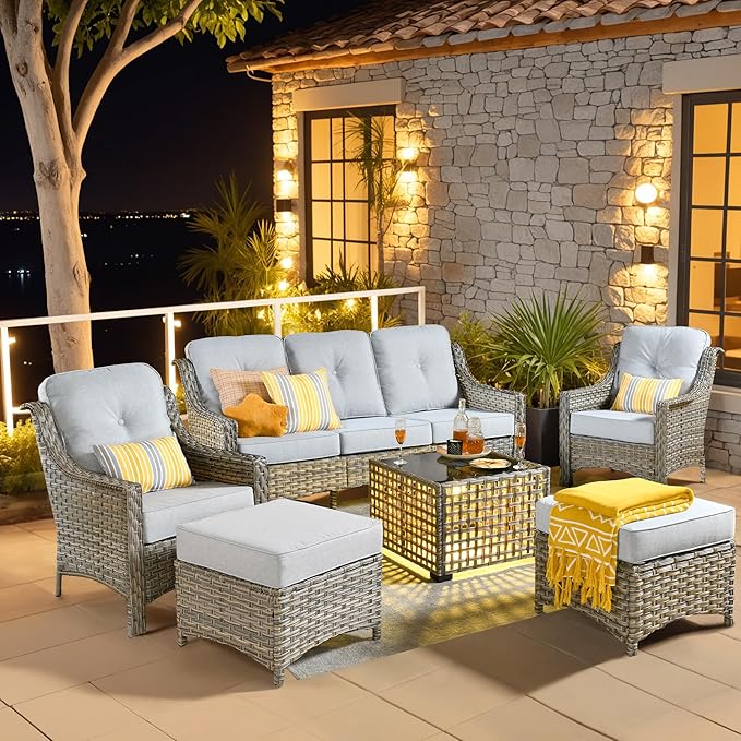 6 Pieces Patio Outdoor Furniture Set,All Weather Wicker Rattan Patio Seating Sofa and Chair Set w/Ottoman and Glowing Coffee Table,Outdoor Conversation Sets for Deck Yard Garden,Grey