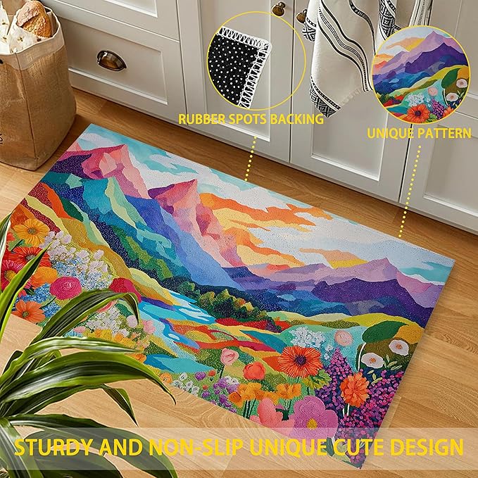 Colorful Mountain Flowers Indoor Outdoor Rugs,Modern Abstract Doormat Outside Entrance,Non-Slip Welcome Mat Indoor Felt Floor Mat for Back Door Patio, Porch,Home Entryway,30 x 17 Inch